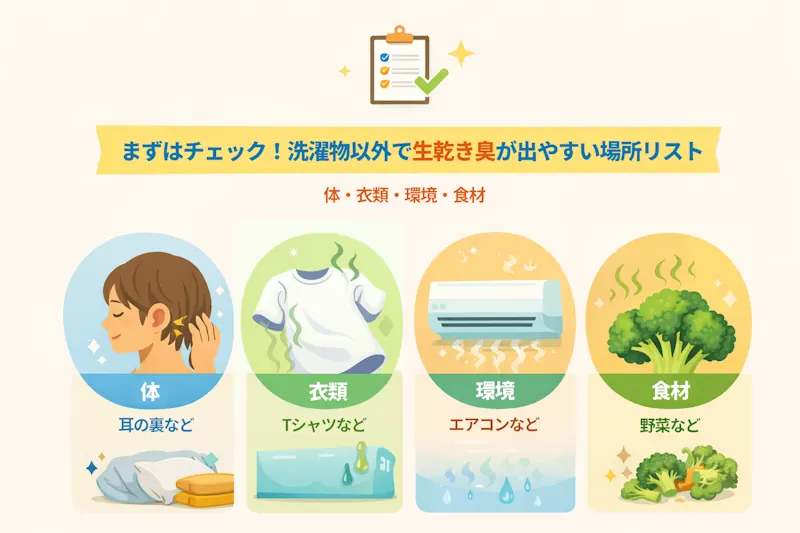まずはチェック！洗濯物以外で生乾き臭が出やすい場所リスト（体・衣類・環境・食材）