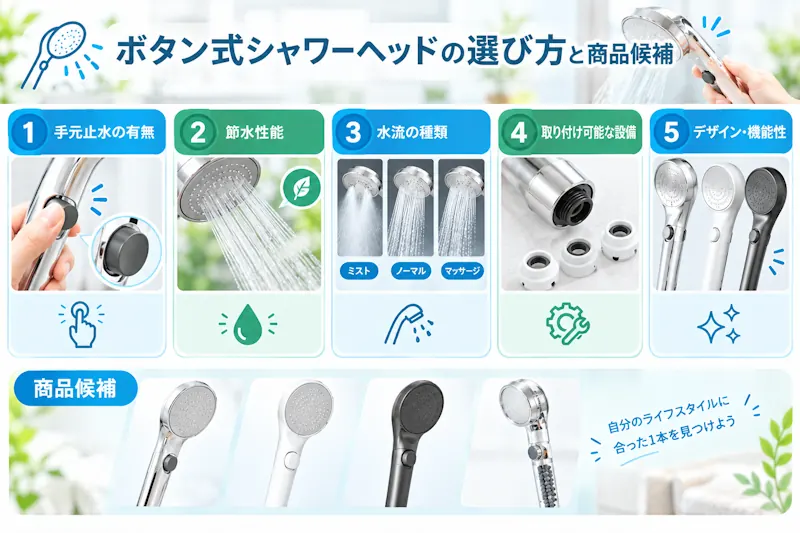 ボタン式シャワーヘッドの選び方と商品候補